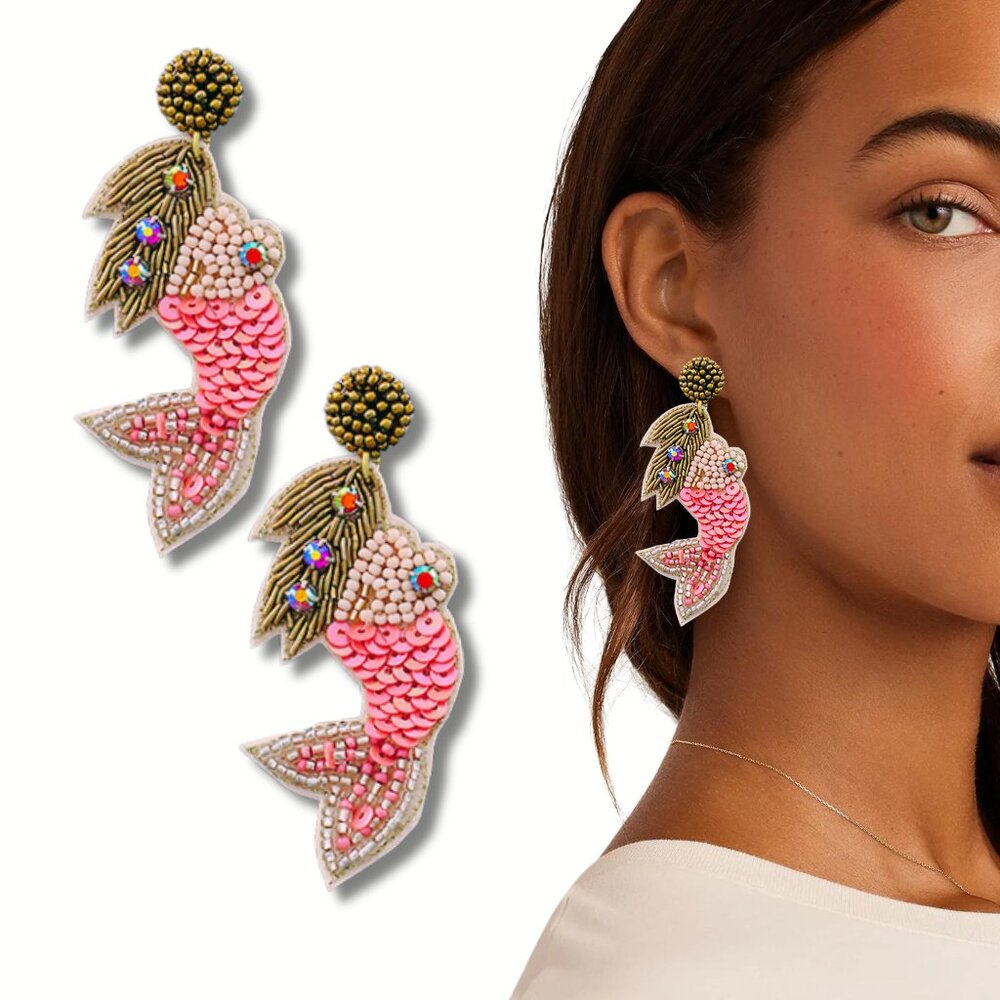 Pink Sequin & Seed Beaded Mermaid Crystal Accent Statement Earrings NEW